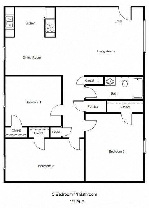 Floor plan for 3 beds, 1 bath, 777 sqft